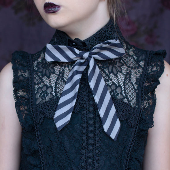 Black and grey striped bow tie- pointy